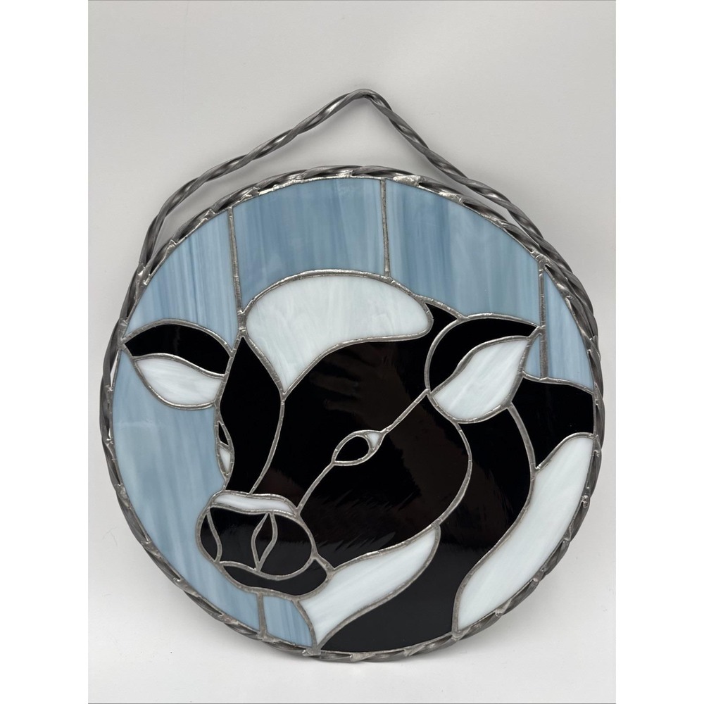 Vintage Stained Glass Holstein Cow Light Blue Suncatcher Round Door Hanger Large